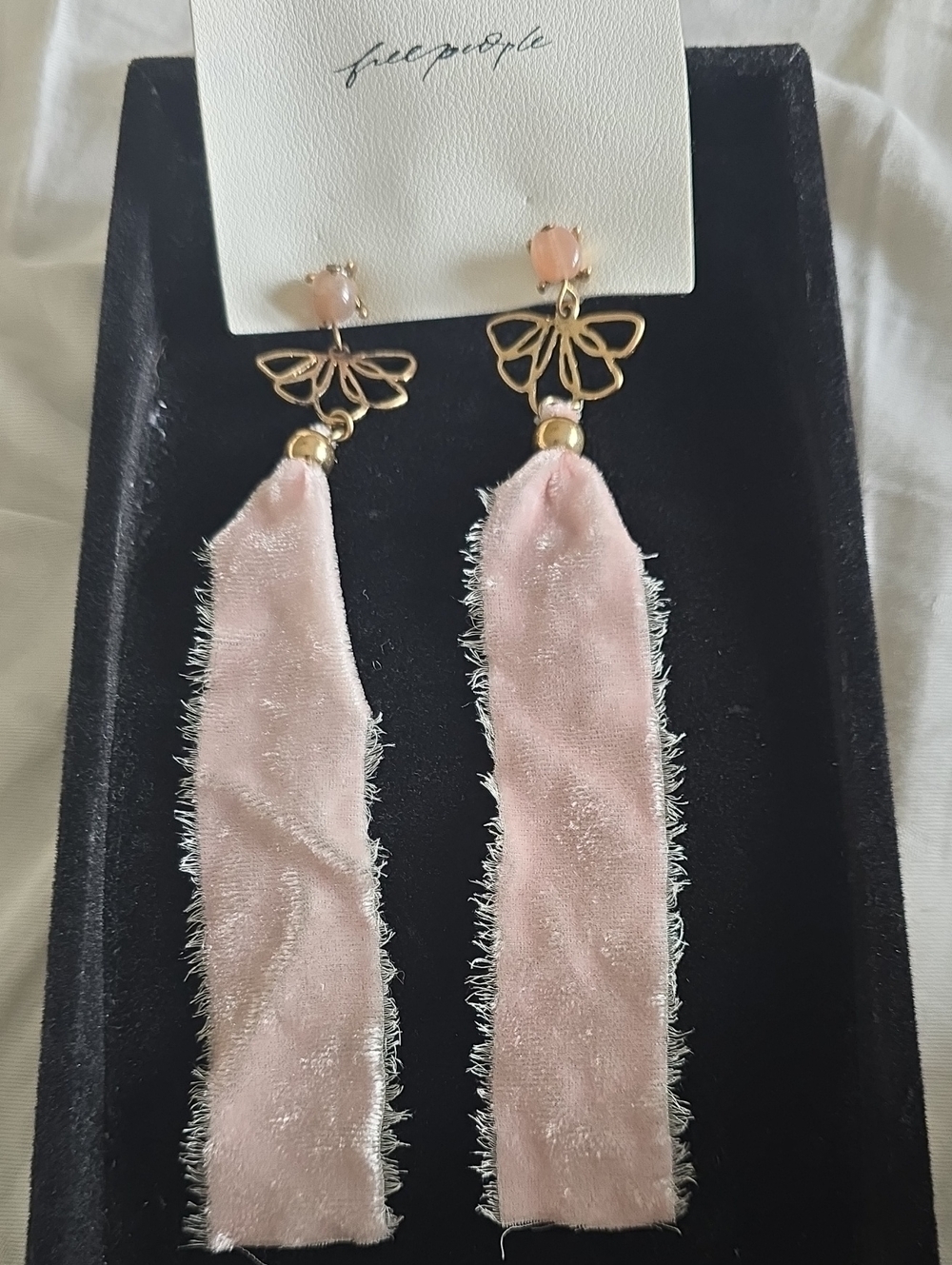 Free People Blush Velvet Tassel Earrings with Gold Butterflies Measures 6 Inches